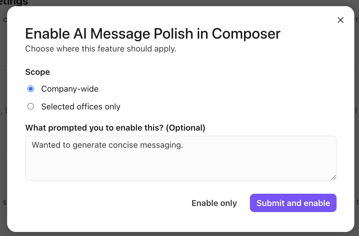 Settings window for enabling AI Message Polish feature in a company-wide scope.